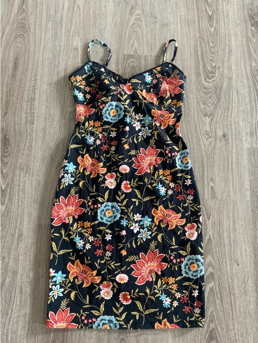 Vintage le chateau Black Spaghetti-Strap Mini Dress with Multicolor Floral Print
